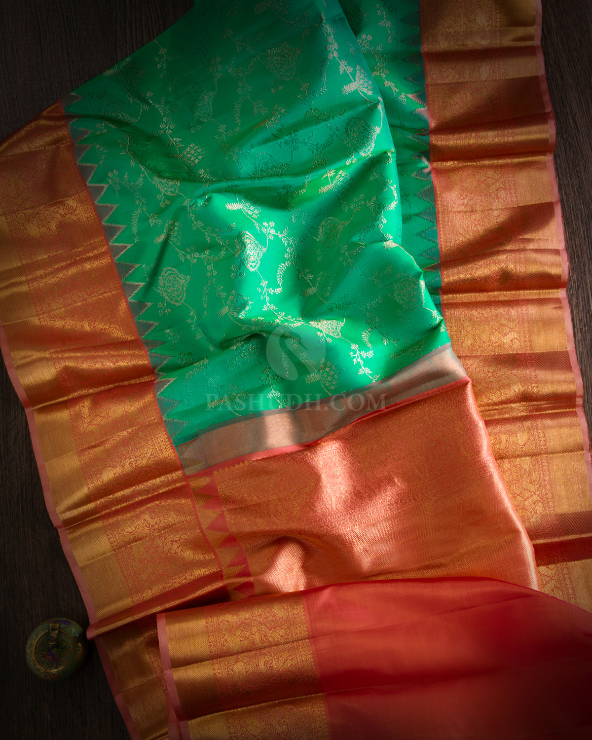 Parrot Green & Light Orange Pure Zari Kanjivaram Silk Saree - S838 -View 2