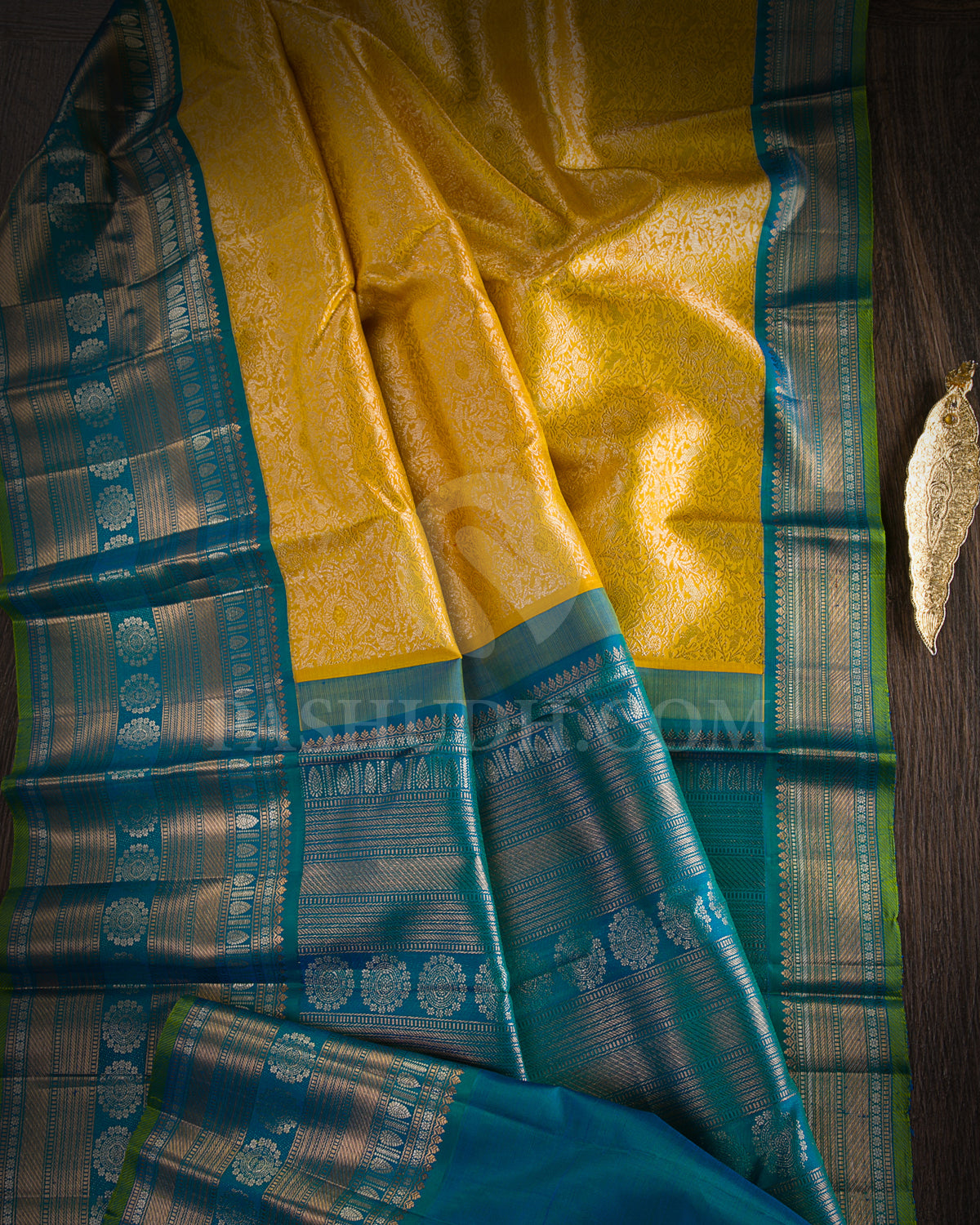Corn Yellow and Peacock Blue Kanjivaram Silk Saree - S1193(A) - View 1