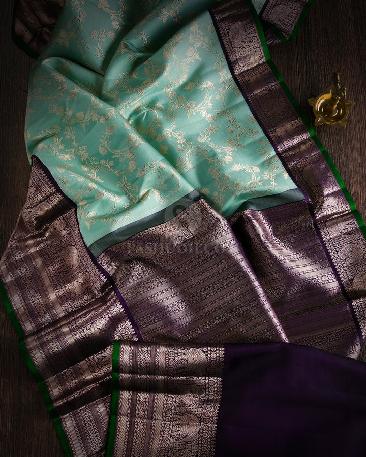 Light Green & Navy Blue Zari Kanjivaram Silk Saree - S826 -View 2