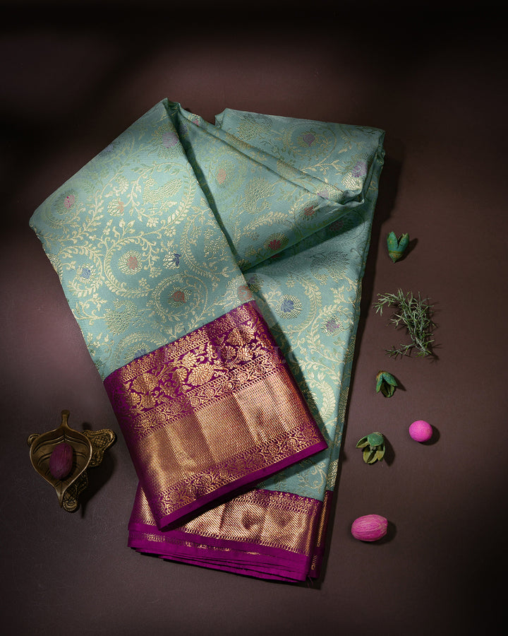 Powder Blue and Violet Kanjivaram Silk Saree - S964