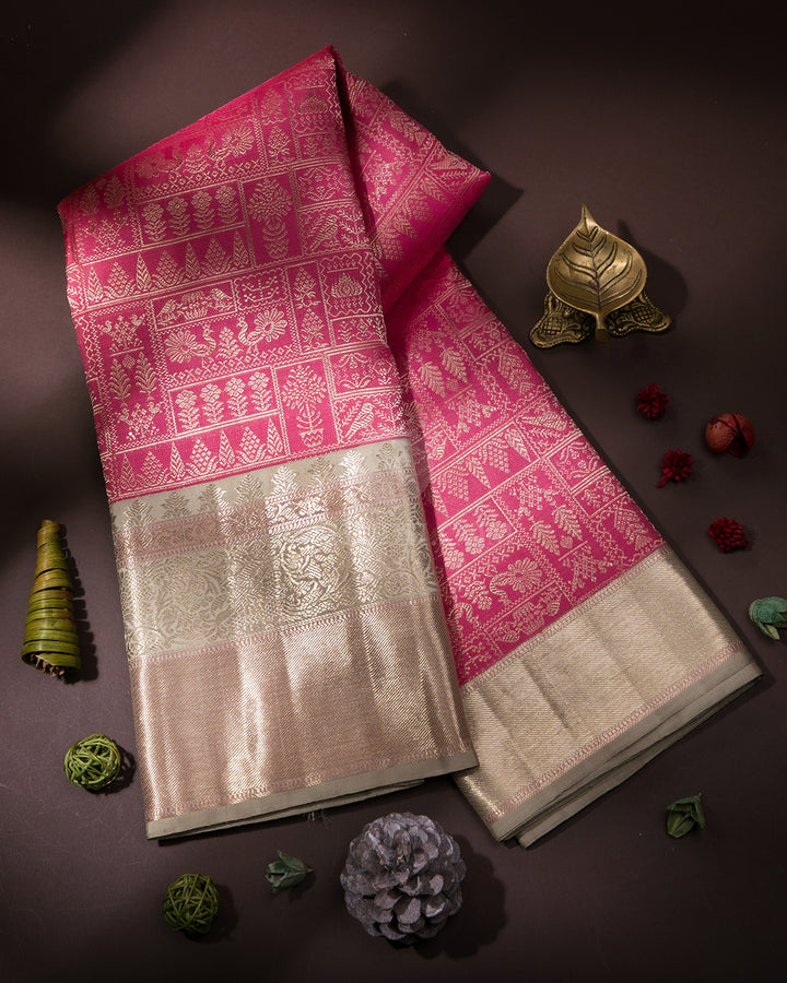 Pink & Grey Pure Zari Kanjivaram Silk Saree - S759 - View 1