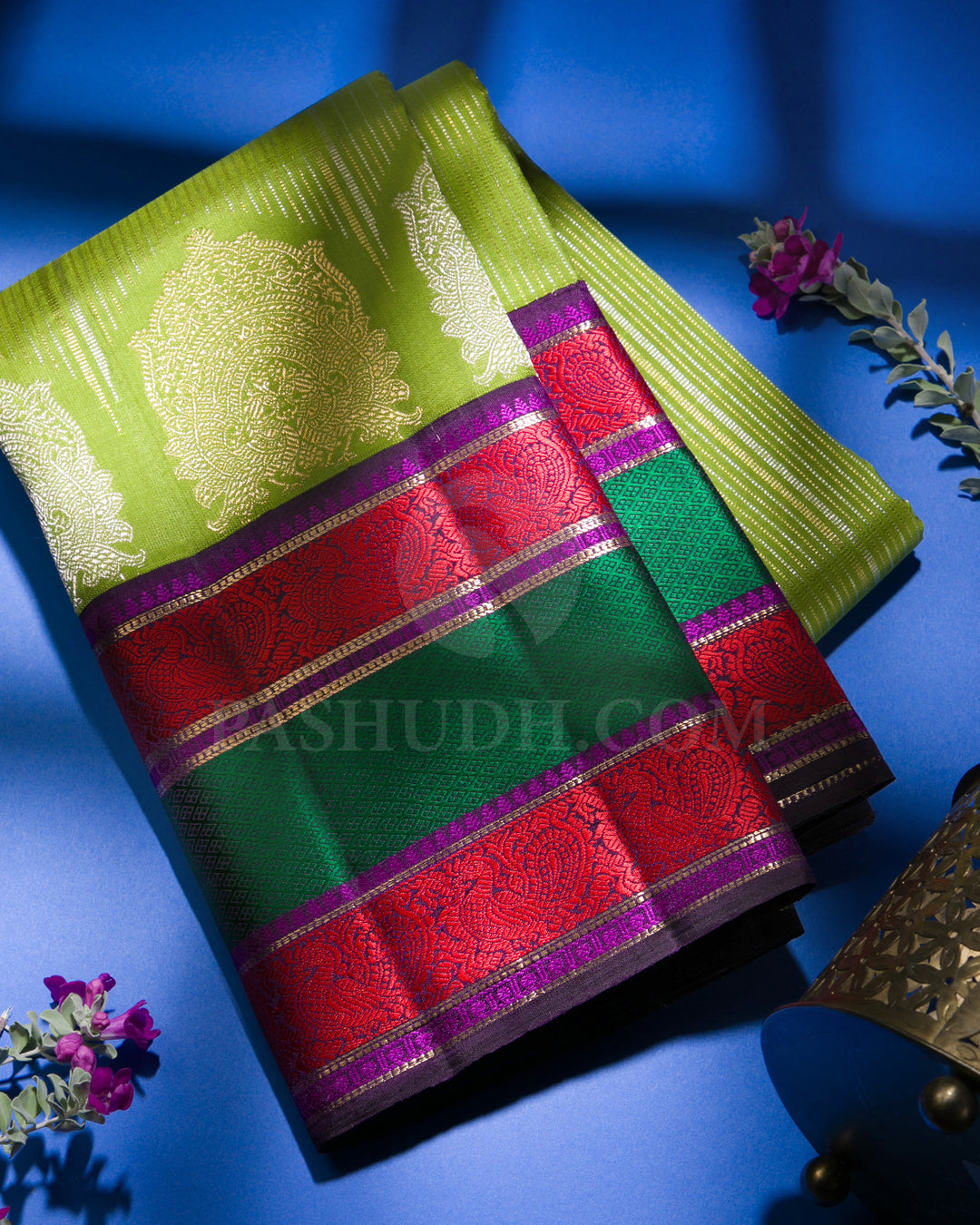 Pear Green, Aubergine, Red, Green And Magenta Kanjivaram Silk Saree - S1257(A)