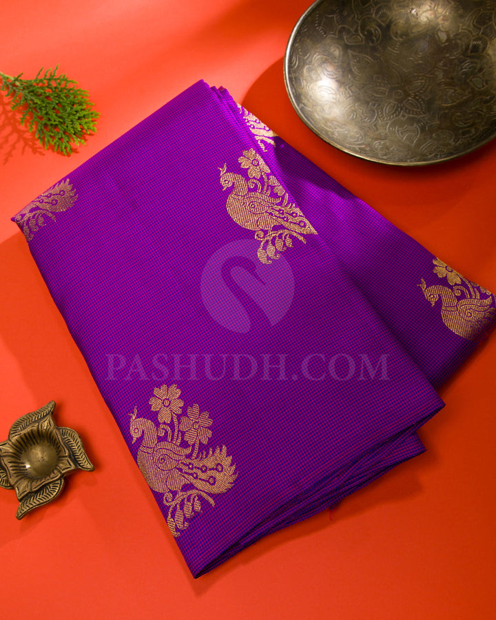 Pink and Blue Chequerd, Rani Pink Bordereless Traditional Kanjivaram Silk Saree - SVJ11