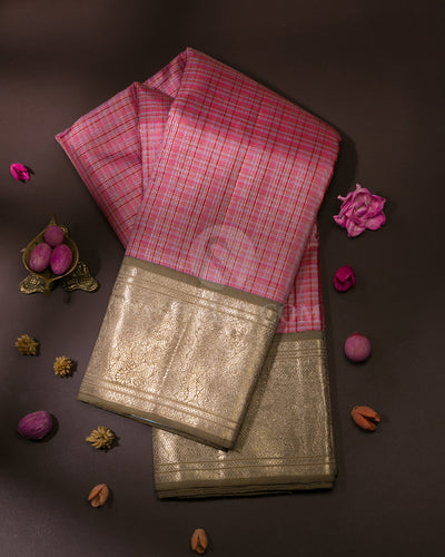 Baby Pink & Khaki Kanjivaram Silk Saree - S1073(A)
