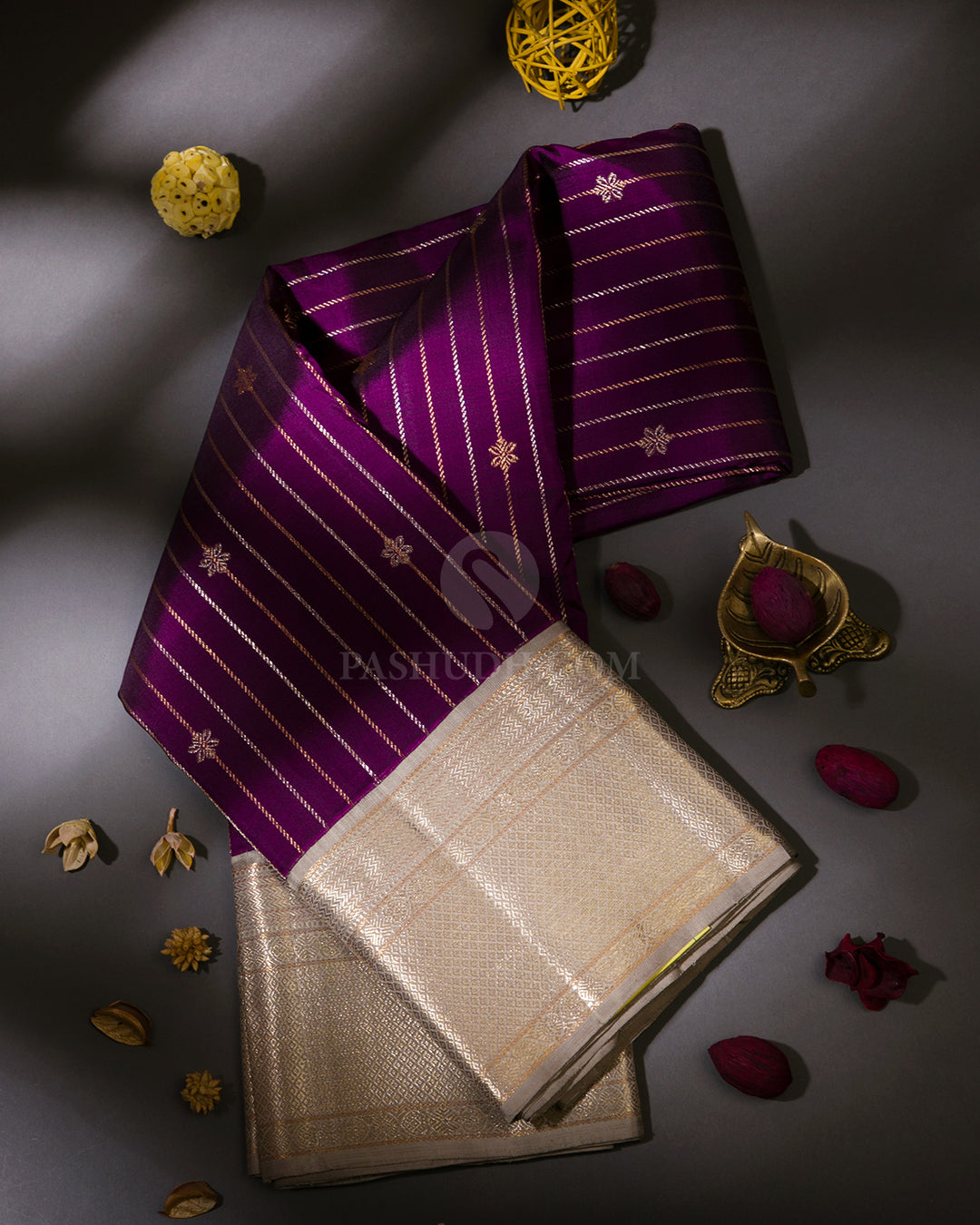 Purple & Greige Zari Kanjivaram Silk Saree - S825 - VIew 1