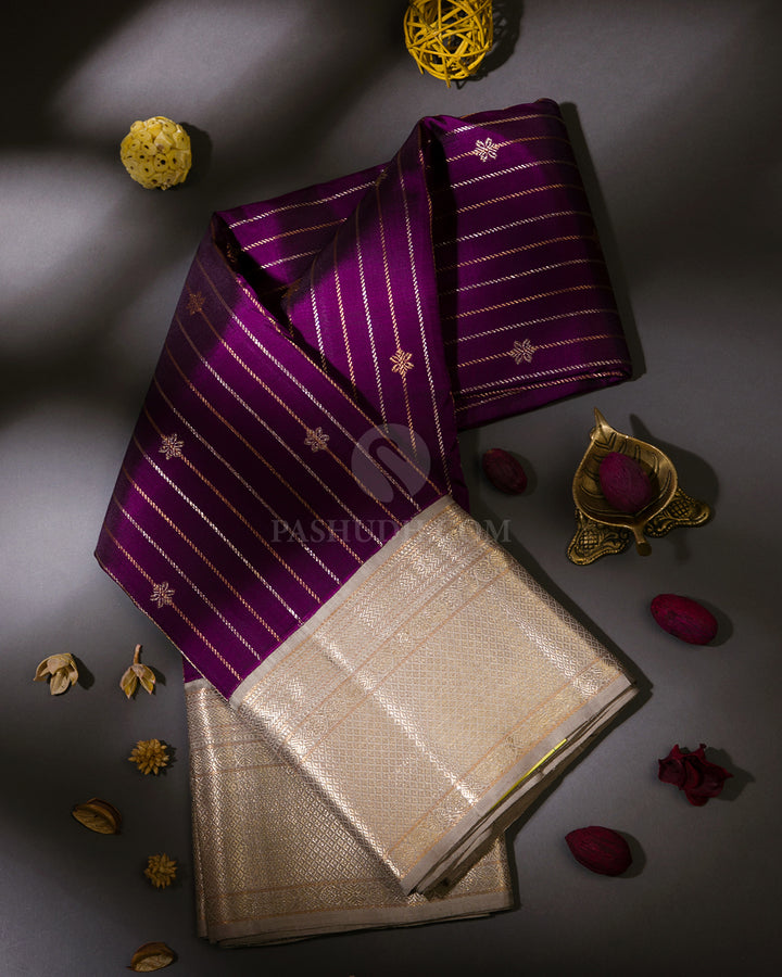 Purple & Greige Zari Kanjivaram Silk Saree - S825 - VIew 1