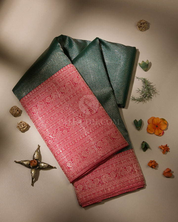 Pink Green & Coral Orange Kanjivaram Silk Saree - S988