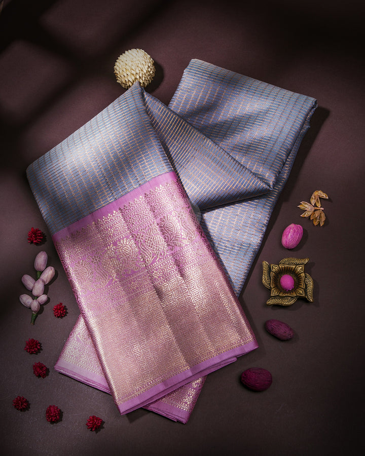 Powder Blue & Baby Pink Kanjivaram Silk Saree - S860 - View1\