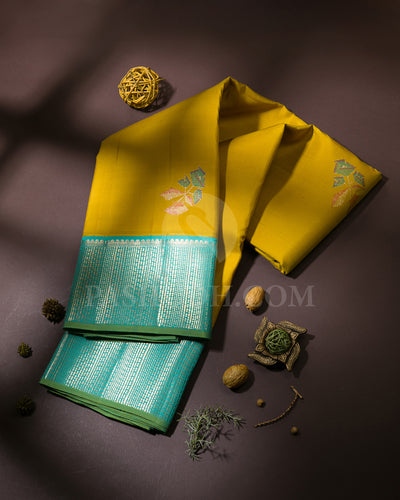 Mustard Yellow And Turquoise Blue Kanjivaram Silk Saree - S1153(B)