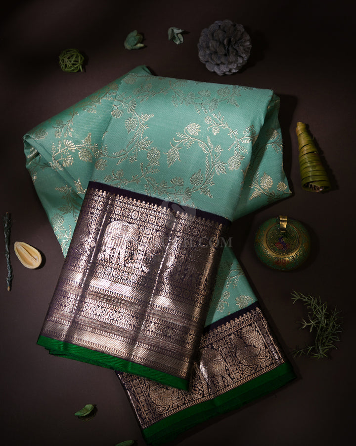 Light Green & Navy Blue Zari Kanjivaram Silk Saree - S826 -View 1