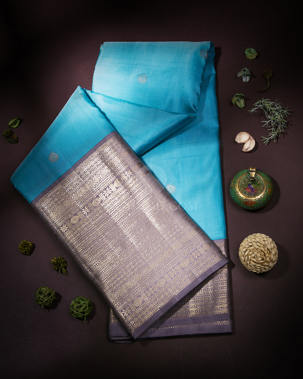 Sky Blue & Grey Kanjivaram Silk Saree - S871 - View 1