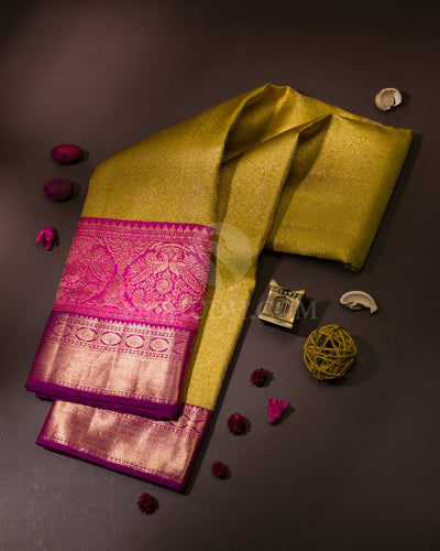 Lime Green, Rani Pink & Violet Kanjivaram Silk Saree - S1099(A)
