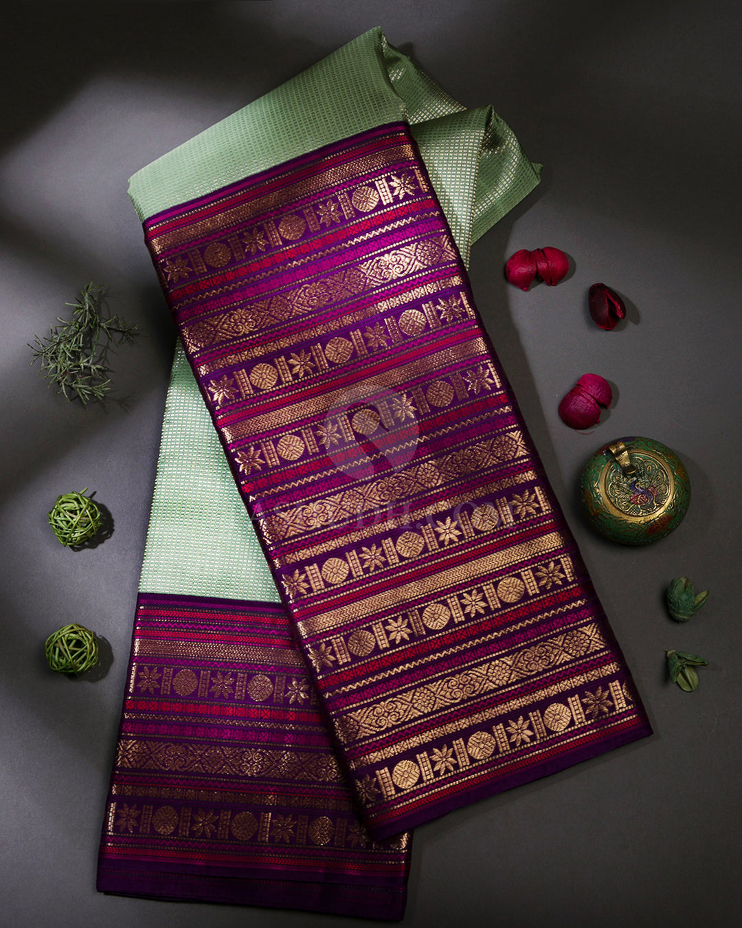 Pista Green and Violet Pure Zari Kanjivaram Silk Saree - S711 - View 5