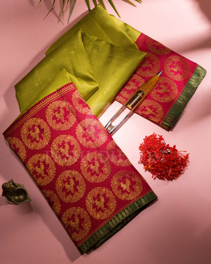 Pear Green & Red Kanjivaram Silk Saree-S1411(B)