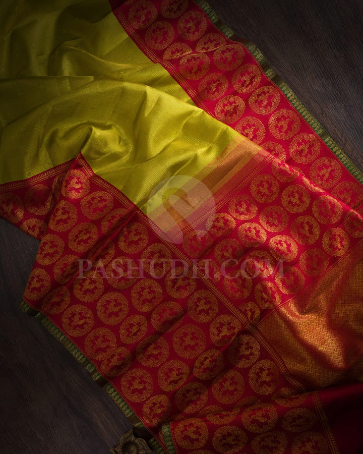 Pear Green & Red Kanjivaram Silk Saree-S1411(B)