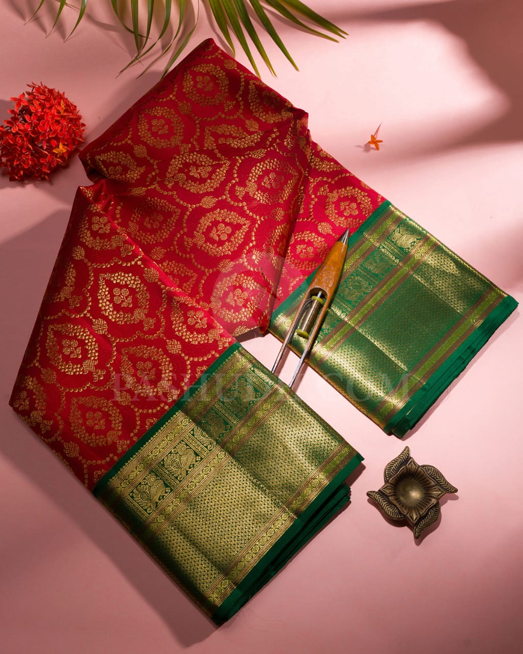 Border Green And Red Bridal Saree Red Forest Green Bridal