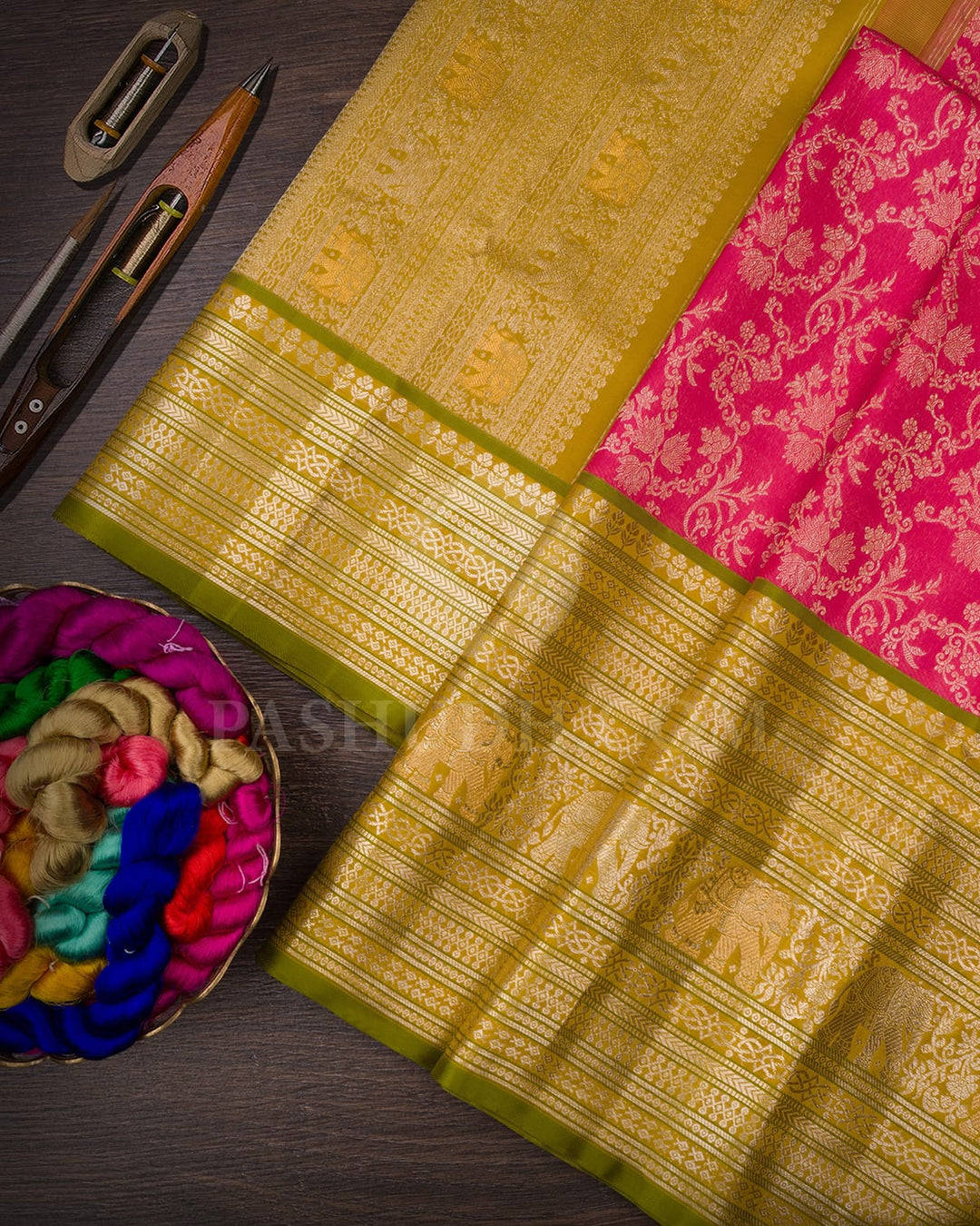 Watermelon Pink & Dual Shaded Green Kanjivaram Silk Saree-S1398(B)