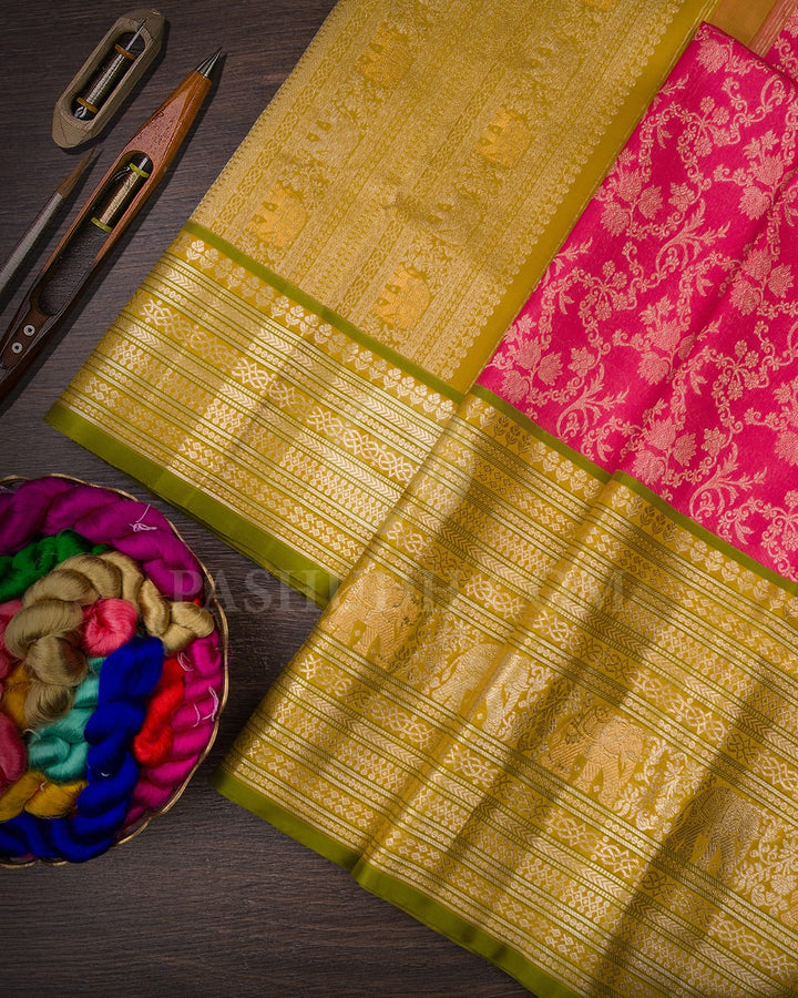 Watermelon Pink & Dual Shaded Green Kanjivaram Silk Saree-S1398(B)