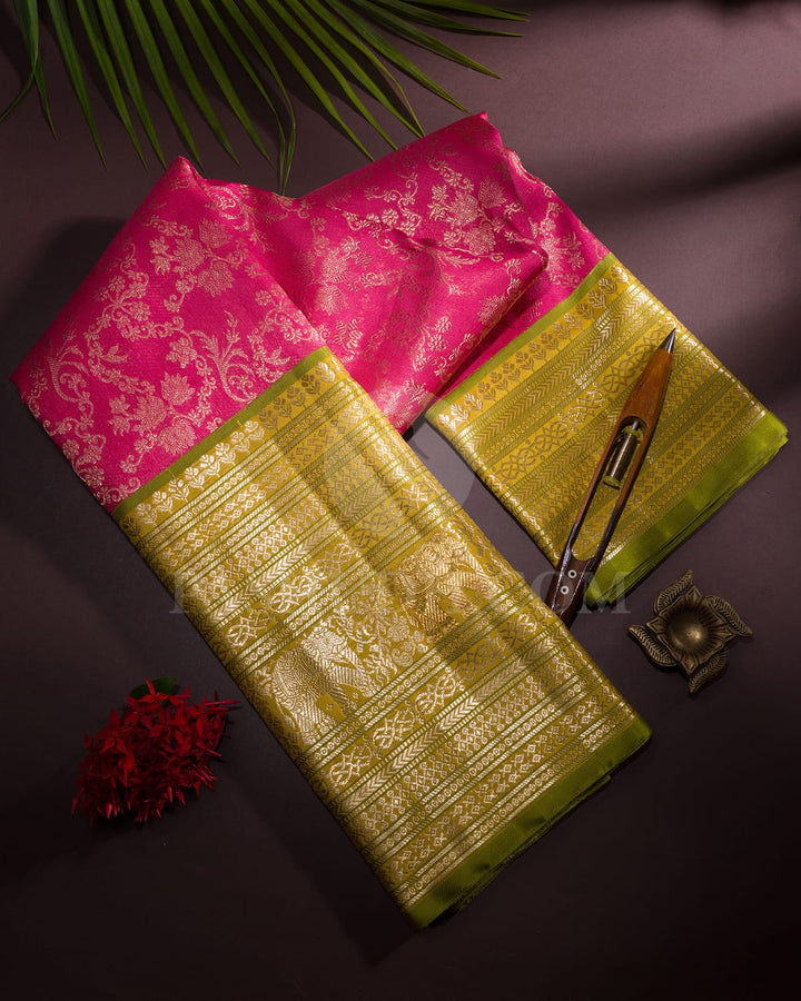 Watermelon Pink & Dual Shaded Green Kanjivaram Silk Saree-S1398(B)