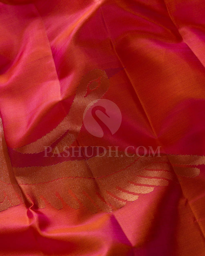 Pink Shot Orange & Grey Traditional Borderless Kanjivaram Silk Saree-S1425(C)