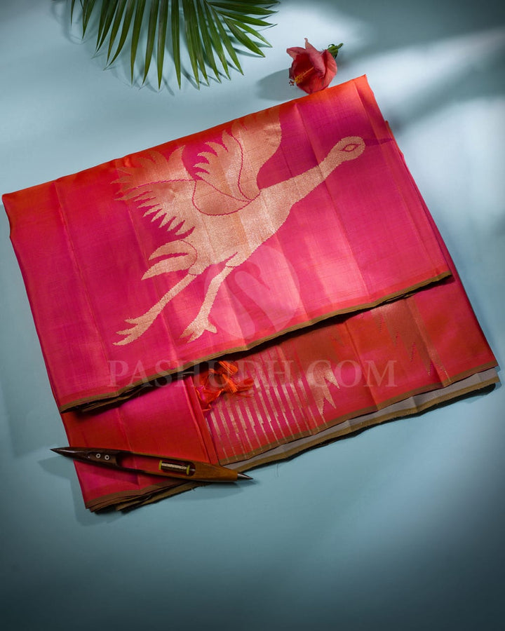 Pink Shot Orange & Grey Traditional Borderless Kanjivaram Silk Saree-S1425(C)