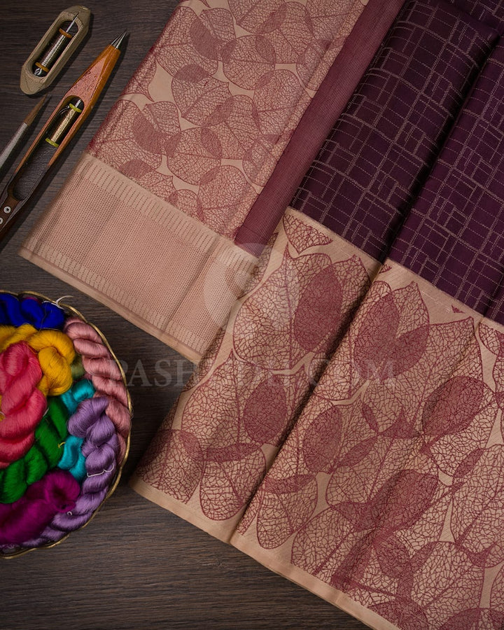 Plum With Ivory Kanjivaram Silk Saree-D615(C)