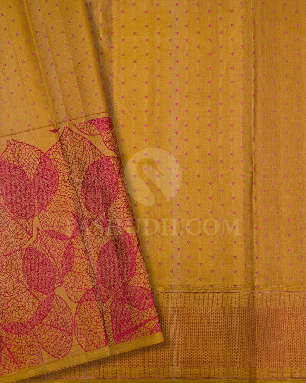 Bottle Green And Turmeric Yellow Kanjivaram Silk Saree-D615(E)