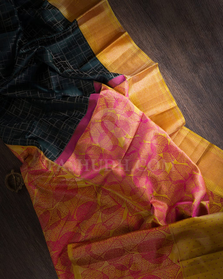Bottle Green And Turmeric Yellow Kanjivaram Silk Saree-D615(E)
