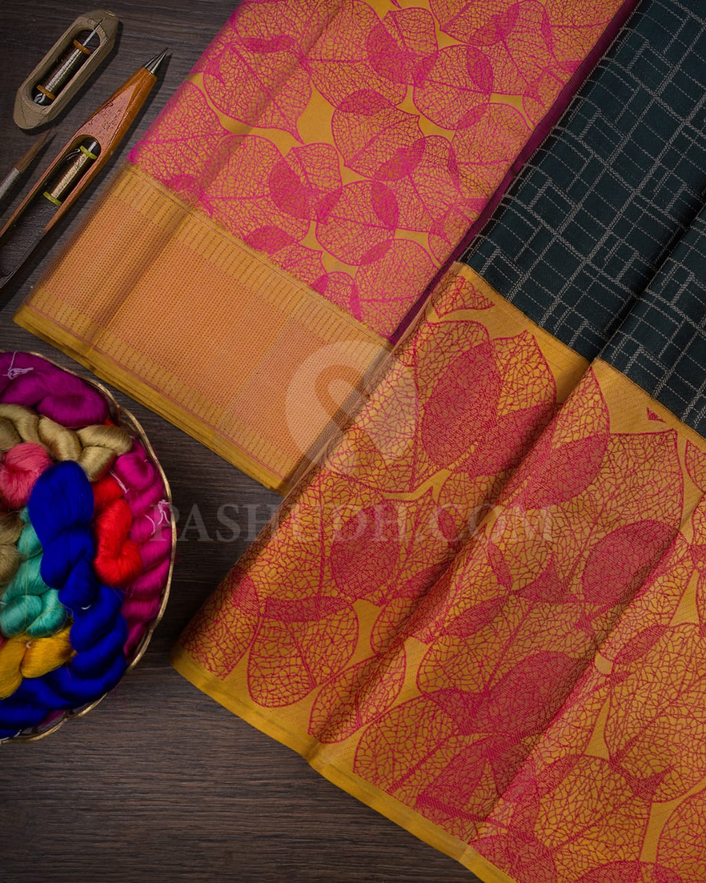 Bottle Green And Turmeric Yellow Kanjivaram Silk Saree-D615(E)
