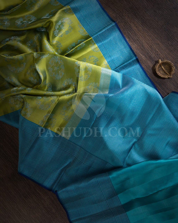 Olive Green And Sky Blue Kanjivaram Silk Saree-D632(A)