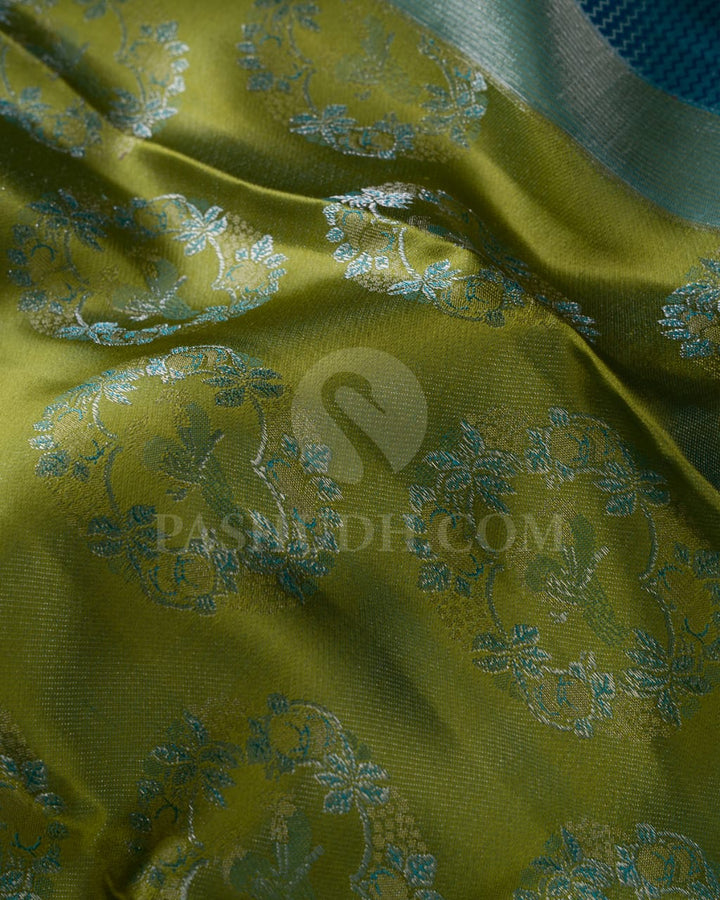 Olive Green And Sky Blue Kanjivaram Silk Saree-D632(A)