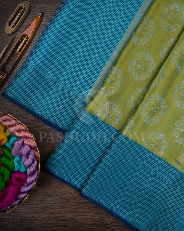Olive Green And Sky Blue Kanjivaram Silk Saree-D632(A)