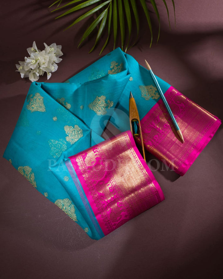 Anandha Blue And Rani Pink Organza Kanjivaram Silk Saree-SP138