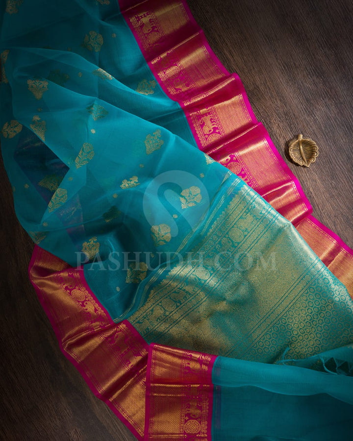 Anandha Blue And Rani Pink Organza Kanjivaram Silk Saree-SP138