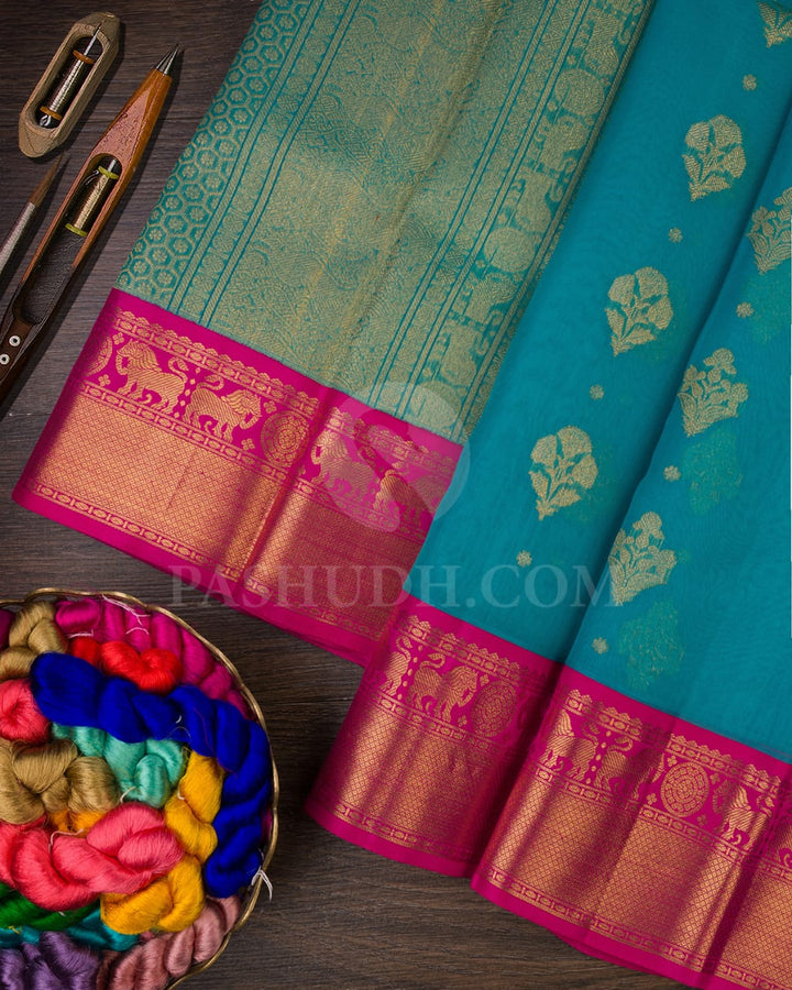 Anandha Blue And Rani Pink Organza Kanjivaram Silk Saree-SP138
