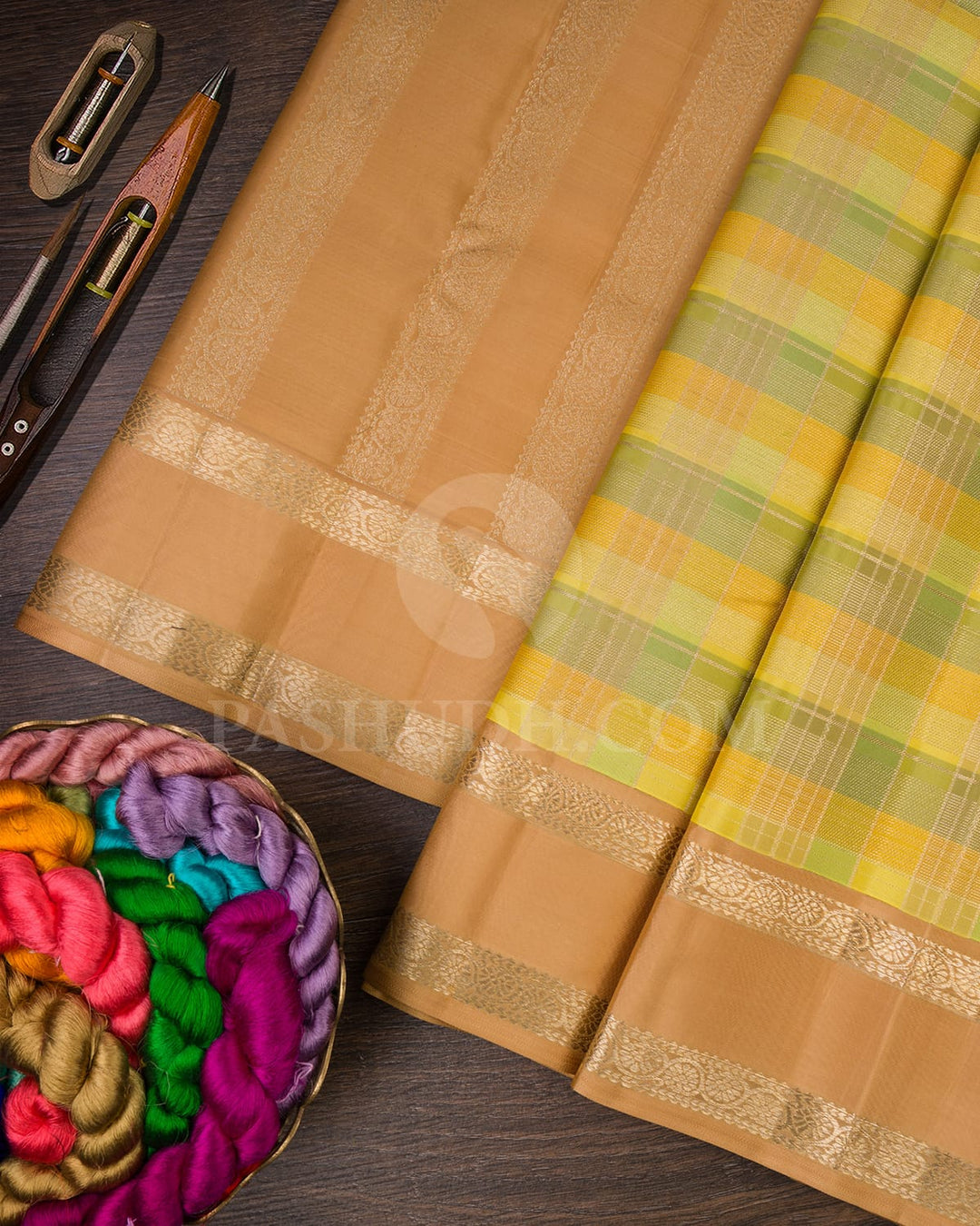 Yellow, Green And Beige Kanjivaram Silk Saree-DJ382(A)