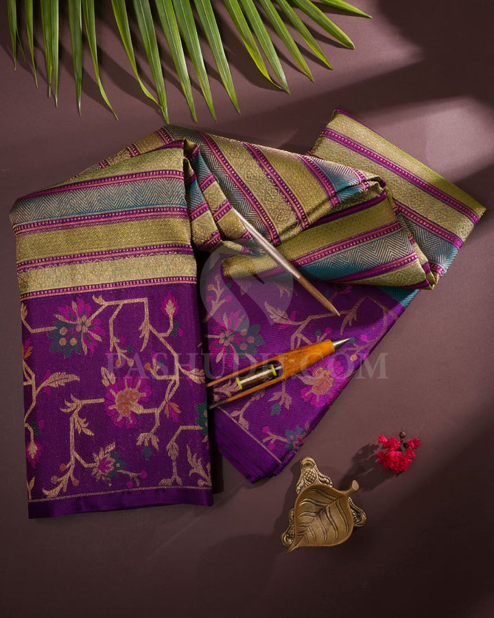 Shades Of Green Pure Zari Bridal Kanjivaram With Purple Paithani Border-P197(A)