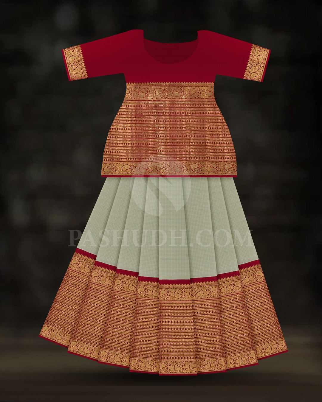 Mild Pista Green Pattu Paavadai Set With Red Border-PA11