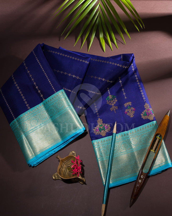 Royal Navy Blue And Aqua Blue Kanjivaram Silk Saree-S1499(A)