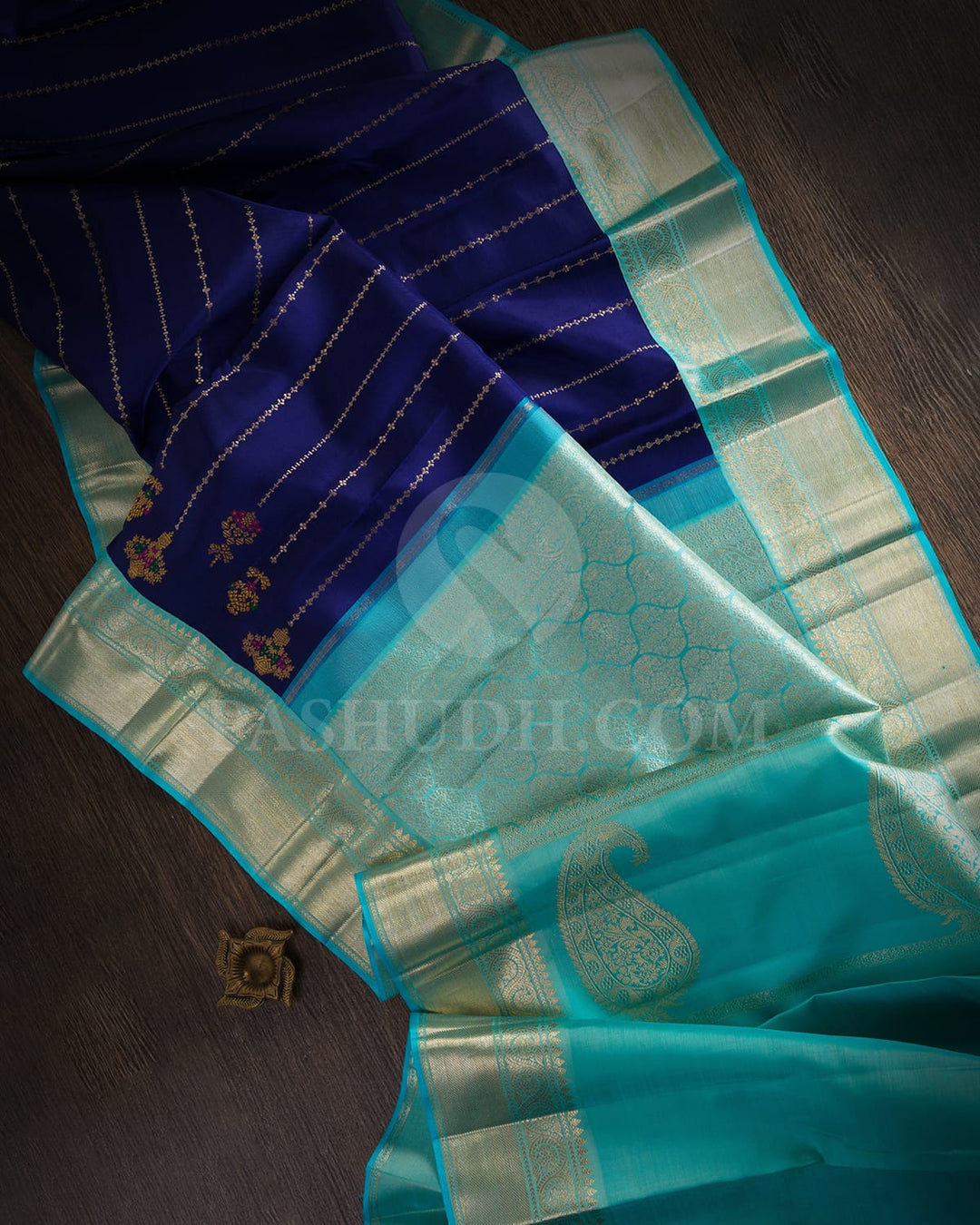 Royal Navy Blue And Aqua Blue Kanjivaram Silk Saree-S1499(A)