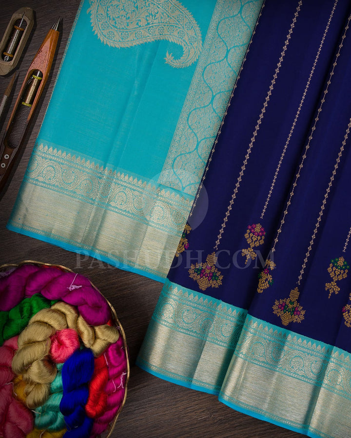 Royal Navy Blue And Aqua Blue Kanjivaram Silk Saree-S1499(A)