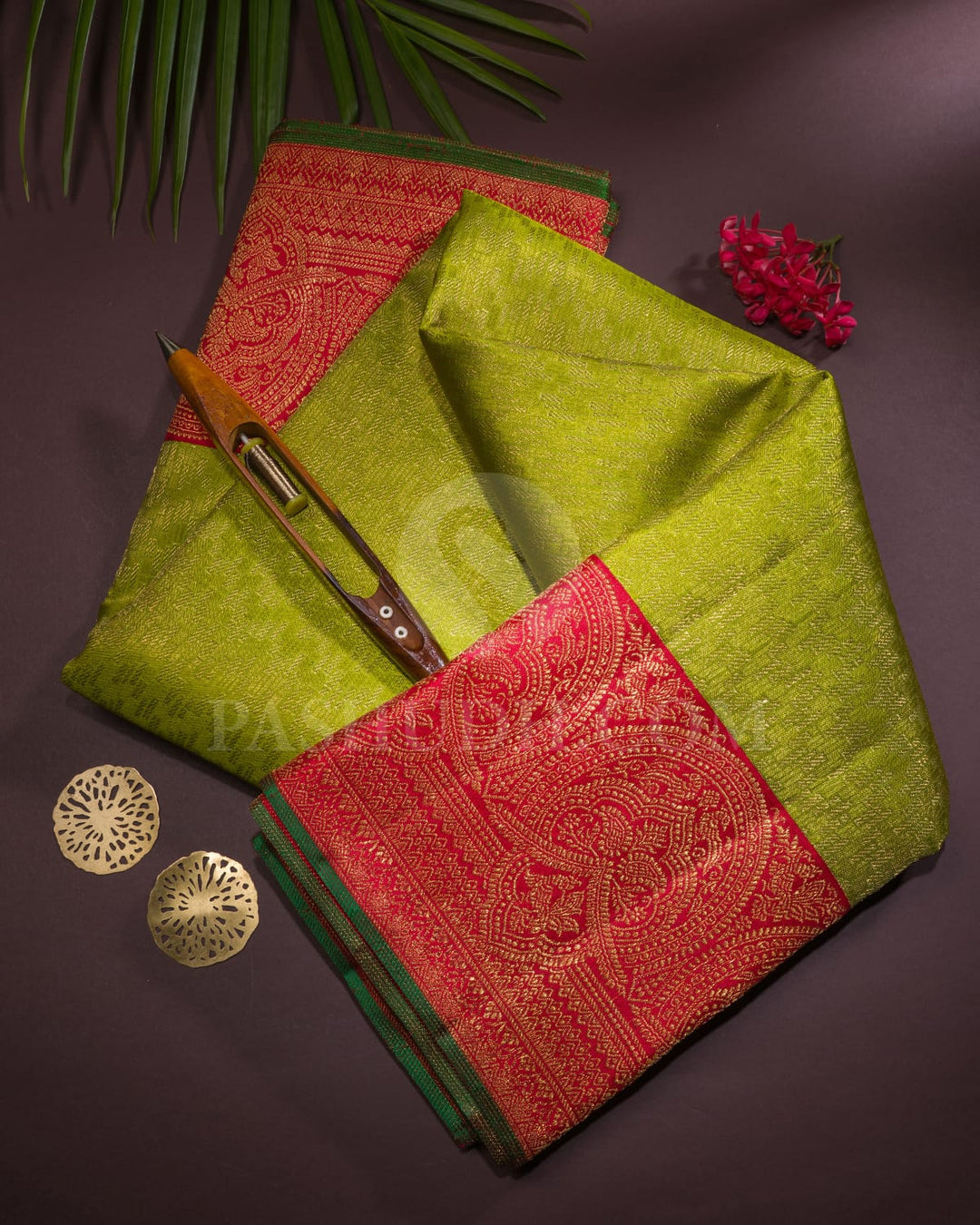 Pear Green and Red Pure Zari Kanjivaram Silk Saree - P175(A)