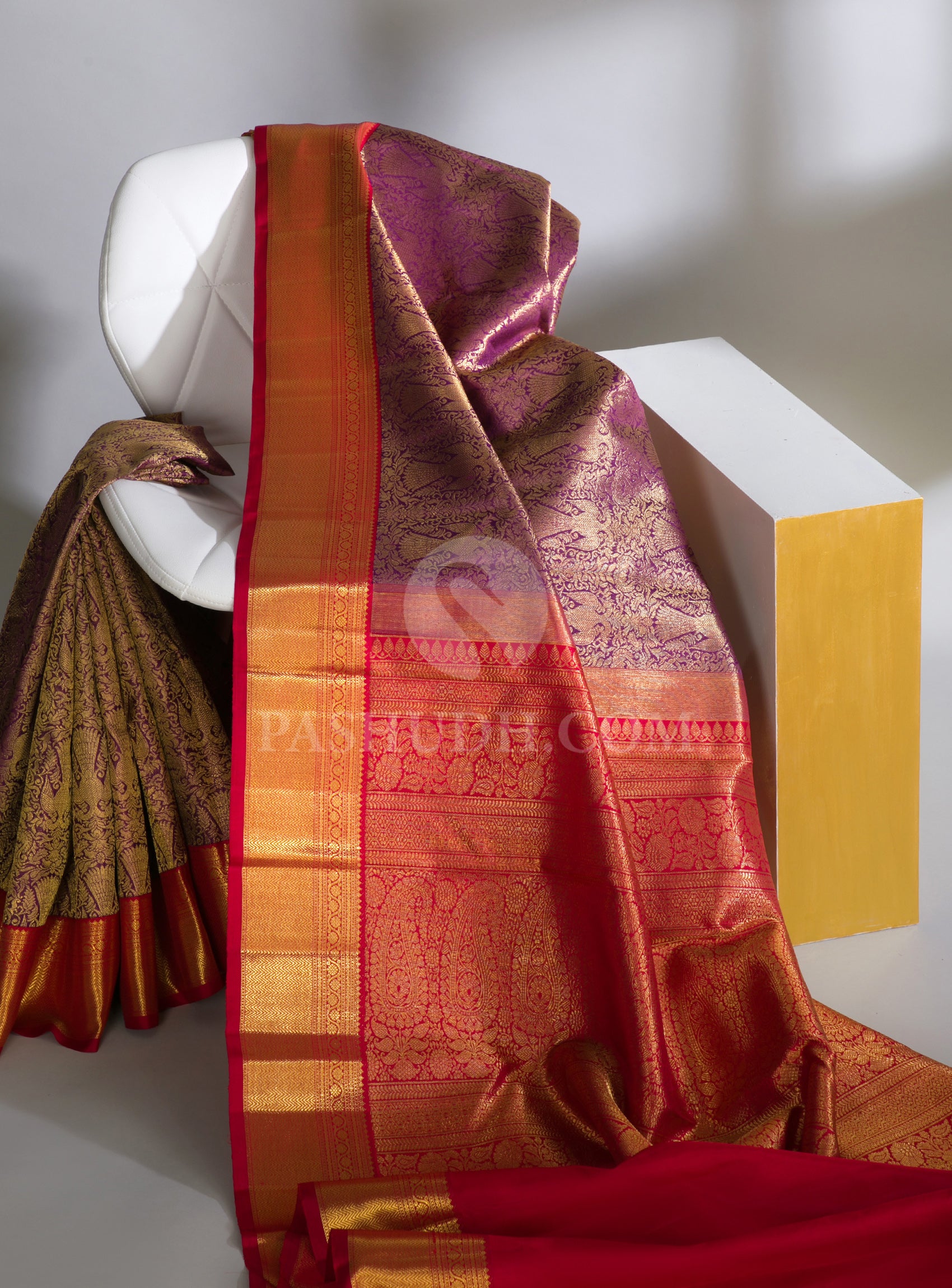 Maroon Bright Gold Zari Embellished Kanjeewaram Bridal Silk Saree