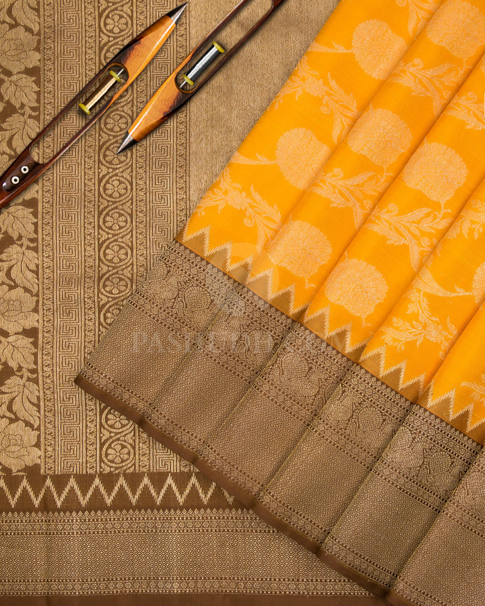 Mango Yellow and Brown Kanjivaram Silk Saree - S573 - View 4