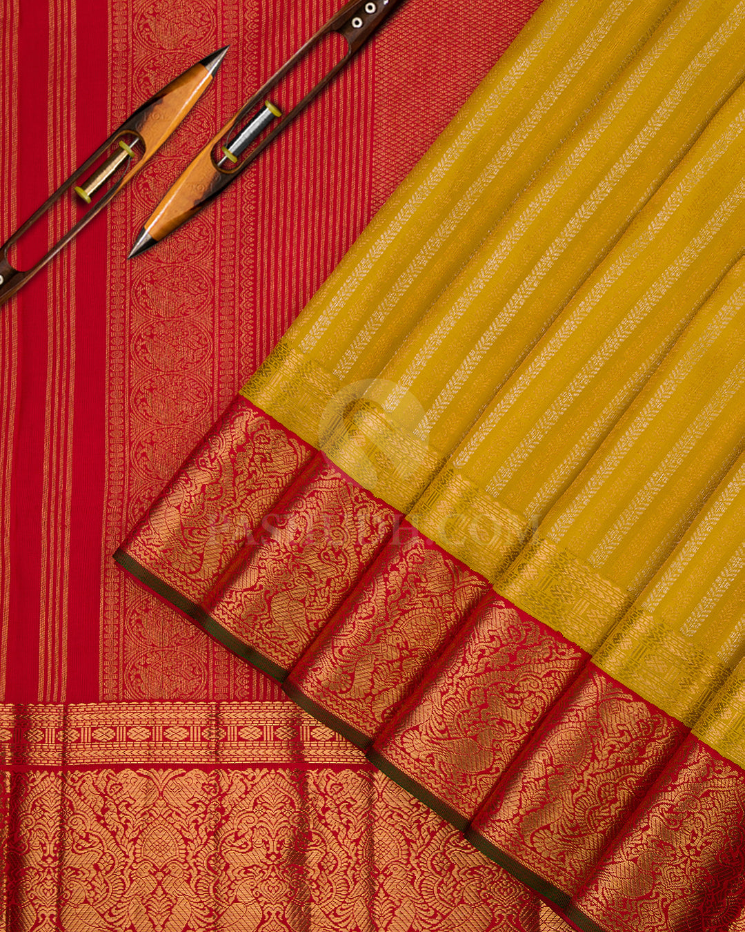 Yellow and Red Pure Zari Kanjivaram Silk Saree - S653 - View 2