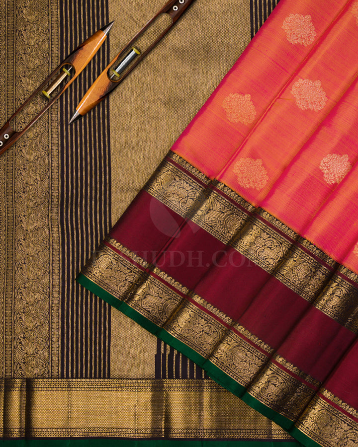 Pink Shot Orange Pure Zari Kanjivaram Silk Saree with Sku Code S590 , view 2