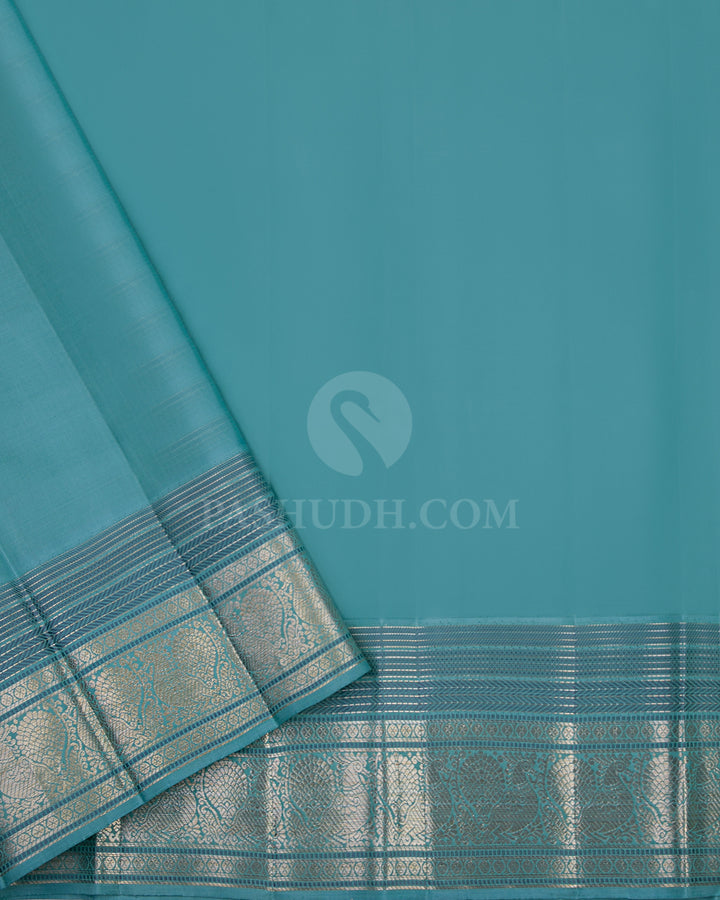 Yellow and Tiffany Blue Pure Zari Kanjivaram Silk Saree - S681 - View 4