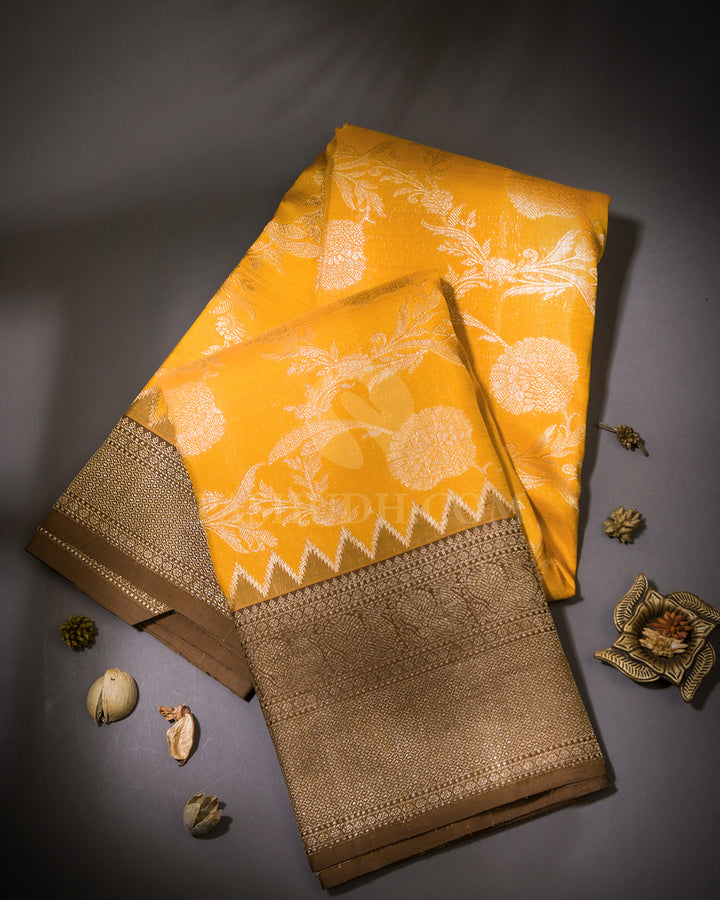Mango Yellow and Brown Kanjivaram Silk Saree - S573 - View 1
