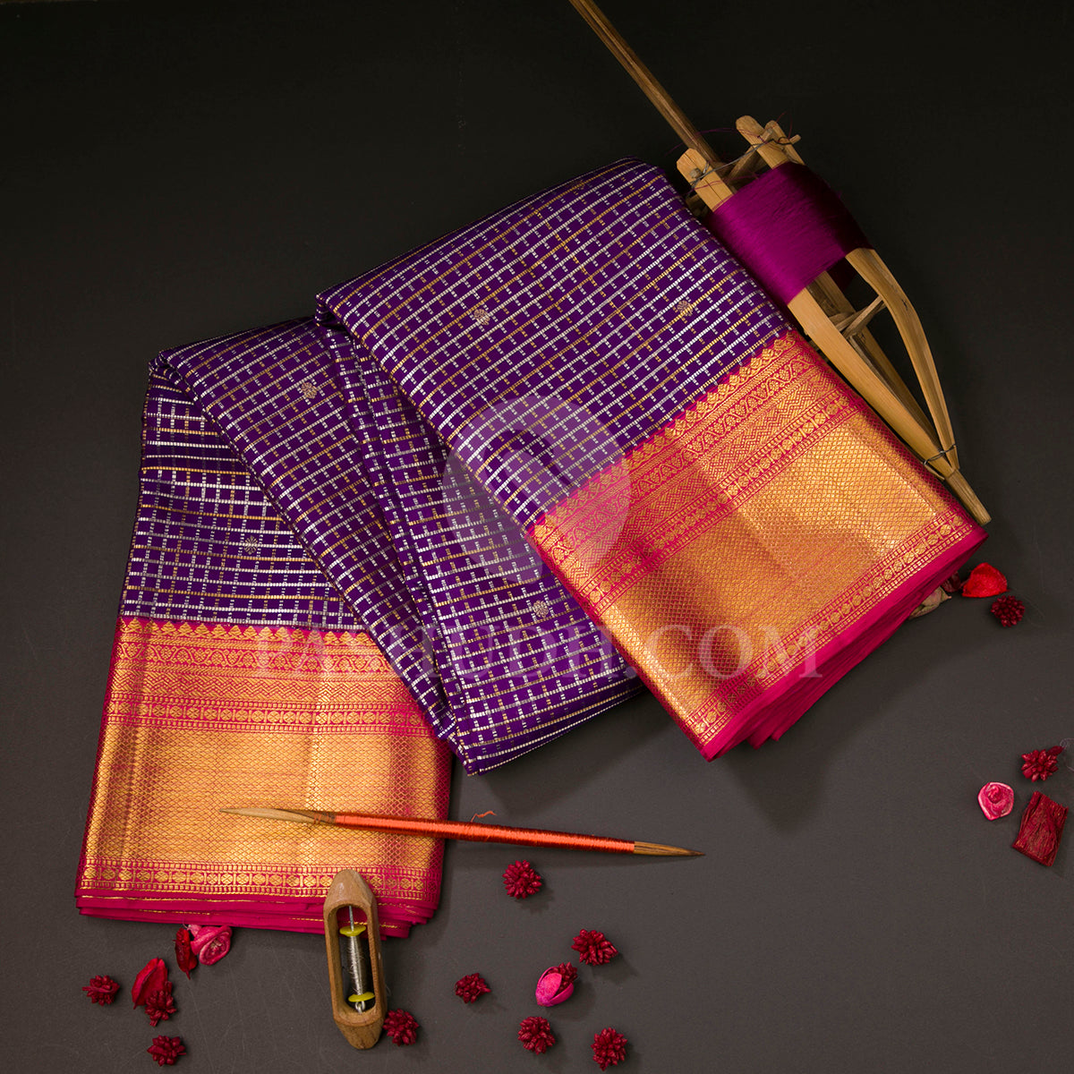 KSS335 Pure Kanjivaram Checkered Soft Silk Saree. Green w/ Dark Pink Border. Fall Peco. Stitched blouse size: 38 - 46. SILK MARK CERTIFIED