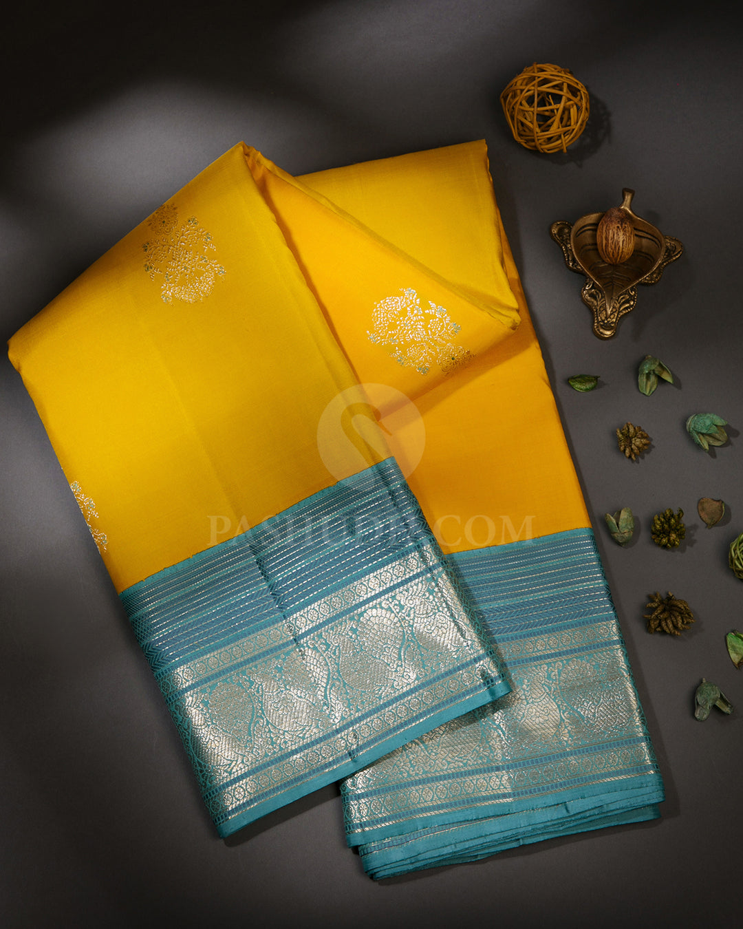 Yellow and Tiffany Blue Pure Zari Kanjivaram Silk Saree - S681 - View 1